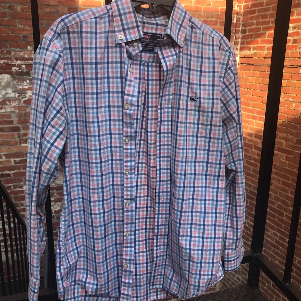 Vineyard Vines Pink and Blue Check Whale Shirt
